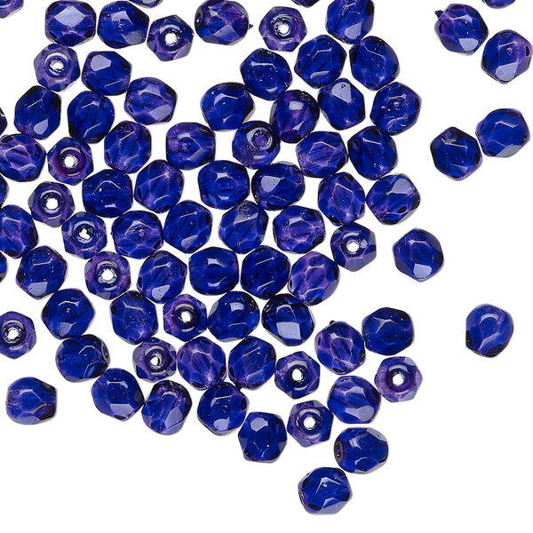 Bead, Czech fire-polished dipped d&eacute;cor glass, translucent cobalt, 4mm faceted round. Sold per pkg of 1,200 (1 mass). image number 0
