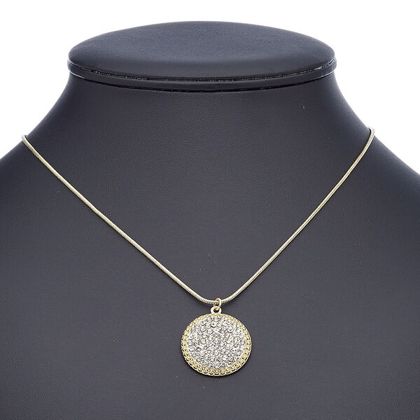 Necklace, glass rhinestone with gold-finished steel and "pewter" (zinc-based alloy), clear, 25.5mm round, 18 inches with 2-inch extender chain and lobster claw clasp. Sold individually. image number 0