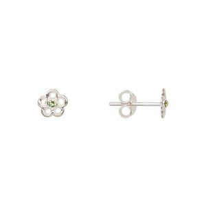 Earstud, Create Compliments®, sterling silver and crystal, peridot green, 6mm flower. Sold per pair.
