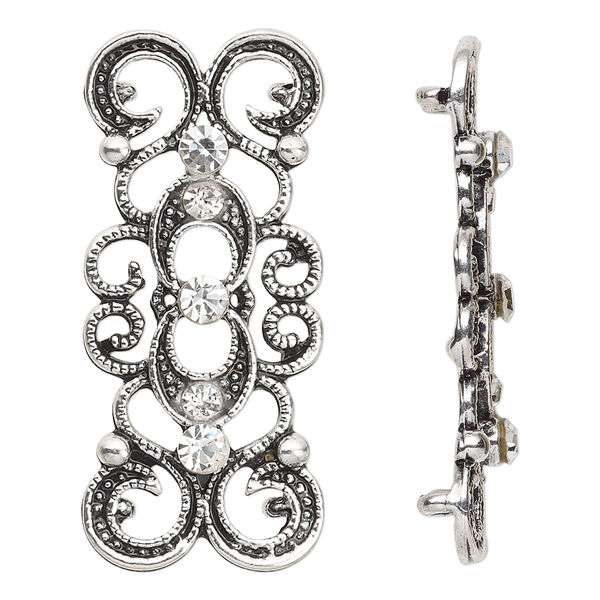 Spacer, antique silver-plated "pewter" (zinc-based alloy) and Czech glass rhinestone, clear, 39x16mm 2-strand fancy rectangle. Sold per pkg of 4. image number 0