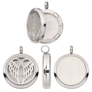 Pendant, stainless steel, 37x30mm single-sided hinged round locket with cutout angel wings and magnetic closure. Sold individually.