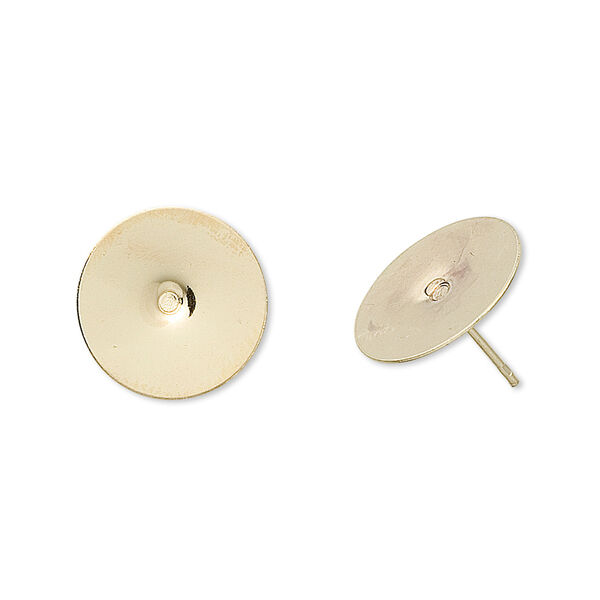 Earstud, gold-plated brass and stainless steel, 14mm flat pad. Sold per pkg of 50 pairs. image number 0