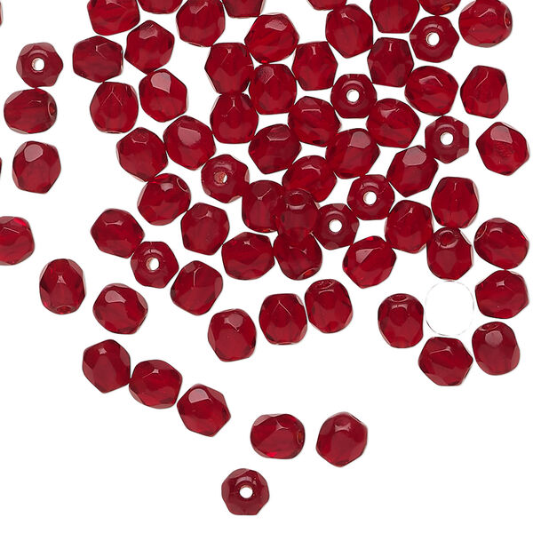 Bead 1pkg100, Czech fire-polished glass, translucent garnet red, 4mm faceted round. image number 0
