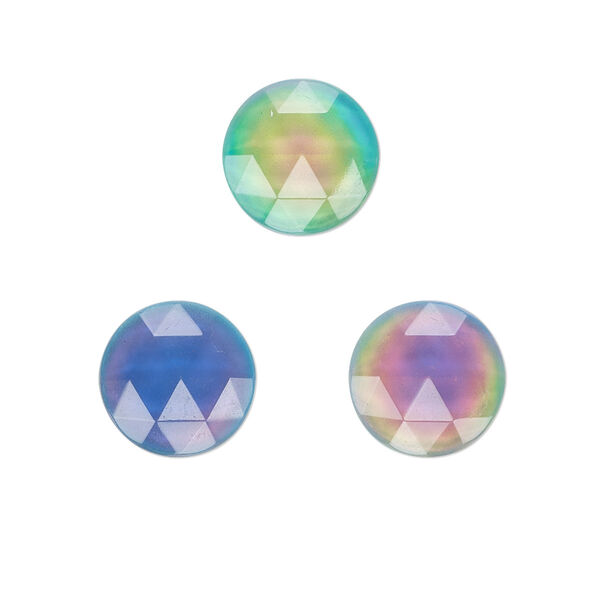 Cabochon, acrylic, multicolored, 12mm color-changing non-calibrated faceted round. Sold per pkg of 4. image number 0