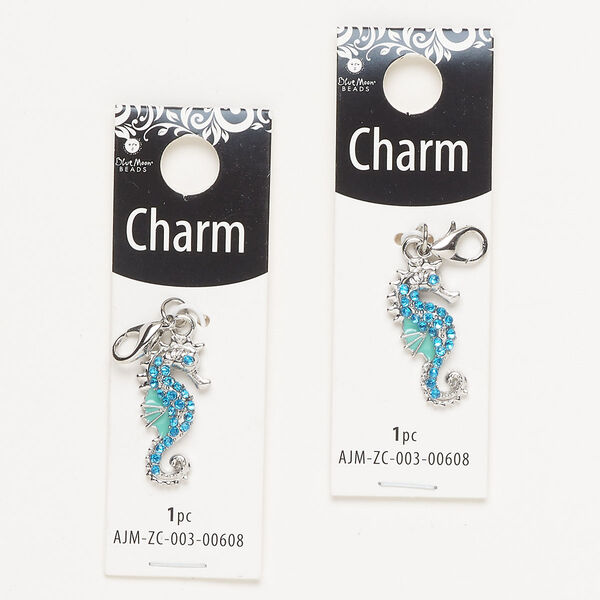 Charm, silver-finished enamel "pewter" (zinc-based alloy) / steel / glass, blue and light blue, 24x12mm single-sided seahorse with lobster claw clasp. Sold per pkg of 2. image number 0