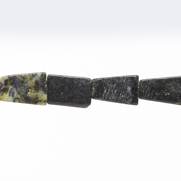 Bead, magnetite and yellow "turquoise" (serpentine and quartz) (natural), 11x7mm-15x8mm flat trapezoid, C- grade, Mohs hardness 2-1/2 to 6. Sold per 15" to 16" strand. image number 0