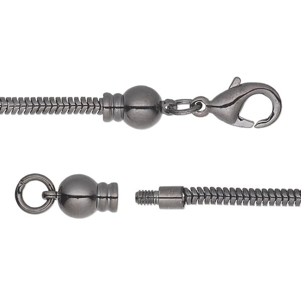 Dione® Easy-On Chain, gunmetal-plated brass, 2.6mm snake, 30 inches with 3.3mm threaded ball end and lobster claw clasp. Sold individually. image number 0