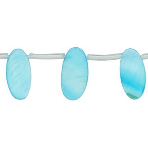 Bead, mother-of-pearl shell (dyed), blue, 15x6mm-17x7mm top-drilled flat oval, Mohs hardness 3-1/2. Sold per 14-inch strand, approximately 25 beads.