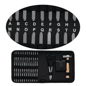 Stamp punch set, nylon / rubber / steel, black, alphabet letters A-Z / numbers 0-9 / "&" symbol, includes ball peen hammer /shears / steel block. Sold per 40-piece set.