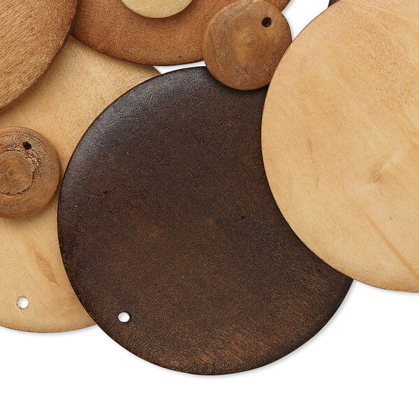 Component mix, wood (natural / dyed), mixed colors, 15-60mm flat round. Sold per pkg of 50. image number 0