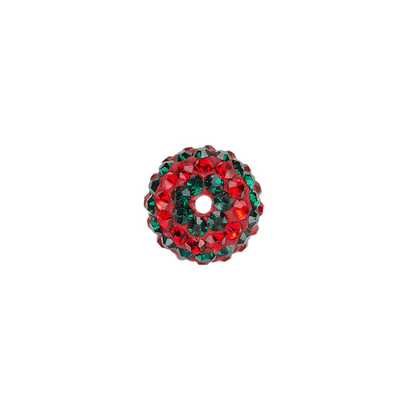 Bead, Egyptian glass rhinestone / epoxy / resin, red and dark green, 12mm round with pav&eacute; striped design. Sold individually. image number 1