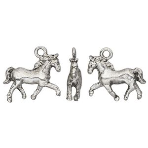 Charm, pewter (tin-based alloy), pkg/1, antique silver plate, 17.5x16.5mm double-sided horse.