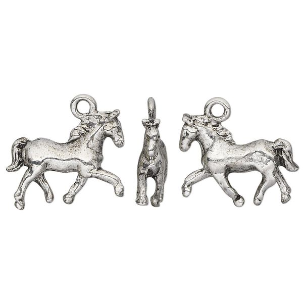 Charm, pewter (tin-based alloy), pkg/1, antique silver plate, 17.5x16.5mm double-sided horse. image number 0