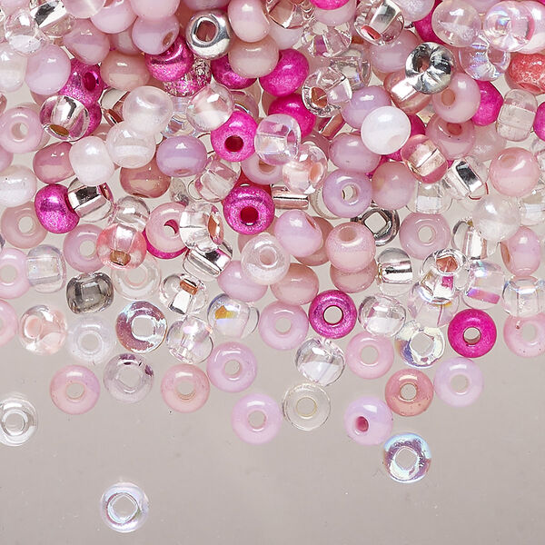 Seed bead mix, glass, pkg/100g, #6 rocaille, translucent multi-pink. image number 0