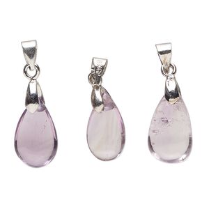 Amethyst / pewter (tin-based alloy) 1pkg3, imitation rhodium-finished teardrop freeform pendant natural 13x7mm-20x12mm
