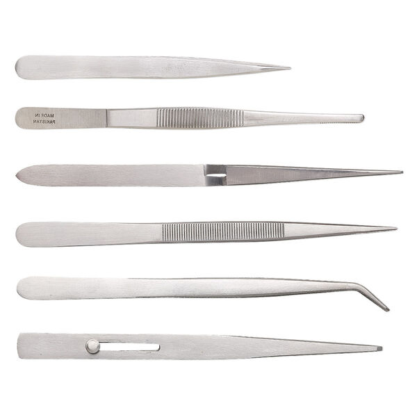 Tweezers, stainless steel, 4-1/2 to 6-7/8 inches. Sold per 6-piece set. image number 0