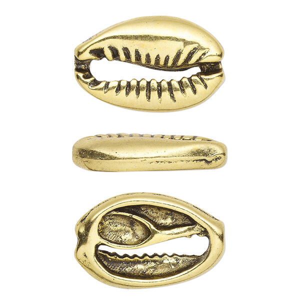 Component, antique gold-finished pewter (tin-based alloy), 19x12mm two-sided cowrie. Sold per pkg of 10. image number 0
