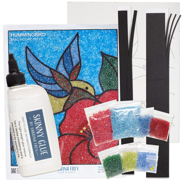 Sabrina Frey Bead Mosaic™ Starter Kit, glass / medium-density fiberboard / glue, pkg/1, multicolored, 8x10 inches with "Hummingbird" design. image number 1