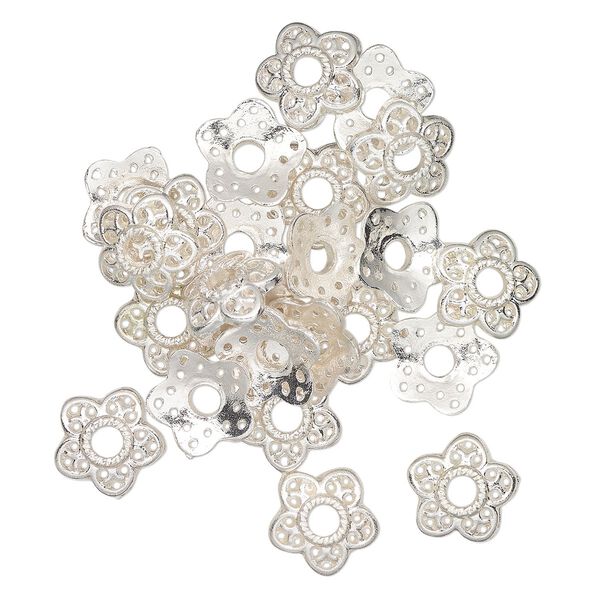 Bead cap, silver-finished brass, 11x4mm flower, fits 10-12mm beads. Sold per pkg of 24. image number 0