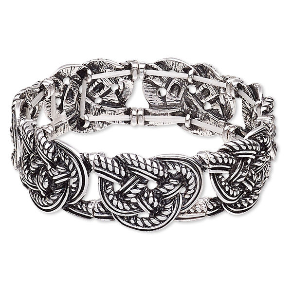 Bracelet, stretch, antique silver-plated "pewter" (zinc-based alloy), 22mm wide with knot design, 7-1/2 inches. Sold individually. image number 0