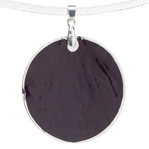 Pendant, Capiz shell (dyed / coated) with silver-finished copper and "pewter" (zinc-based alloy), black, 49-50mm round. Sold per pkg of 2.