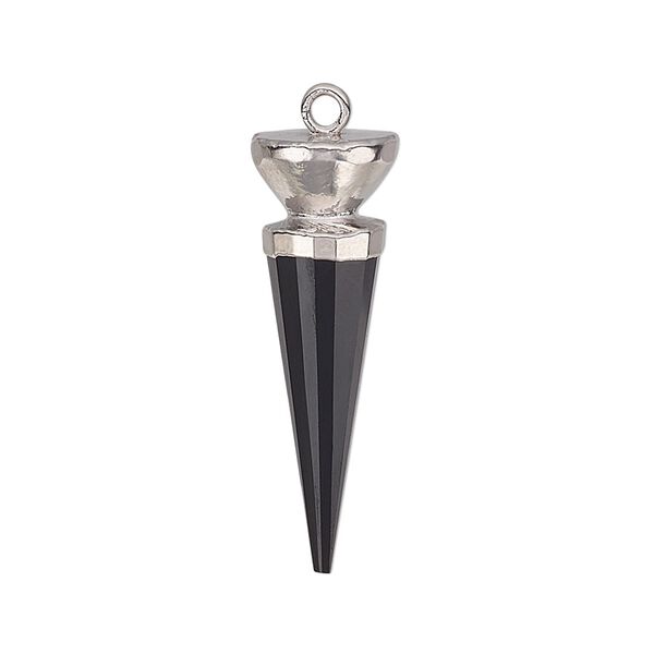 Focal, black onyx (dyed) / electroplated silver / silver-plated sterling silver, 30x9.5mm-31x10mm hand-cut faceted point. Sold individually. image number 0