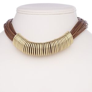 Necklace, multi-strand, waxed cotton cord / gold-coated plastic / gold-finished brass / steel, brown, 21mm flat rings, 18 inches with 2-inch extender chain and lobster claw clasp. Sold individually.