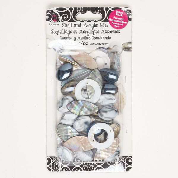 Bead / component / link mix 1pkg30, mother-of-pearl shell (natural) / black lip shell (natural) / acrylic, multicolored, 27x19mm-46x23mm mixed shapes. image number 0