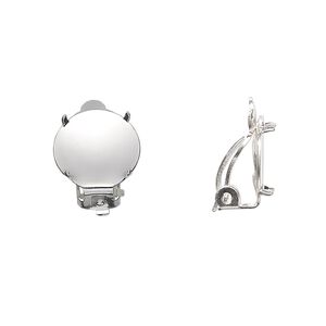 Earring clip-on 1pkg20 silver-plated, 13mm round flat pad / 12mm 4-prong round setting, steel / brass 10 pair
