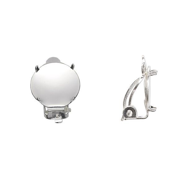 Earring clip-on 1pkg20 silver-plated, 13mm round flat pad / 12mm 4-prong round setting, steel / brass 10 pair image number 0