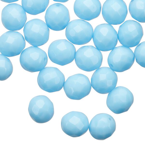 Bead 1pkg50 Czech fire-polished glass, 8mm faceted round, opaque turquoise blue image number 0