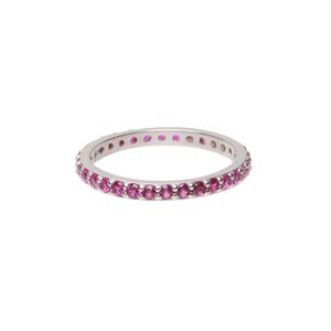 Ring, cubic zirconia and rhodium-plated sterling silver, pink, 3mm wide eternity band, size 9. Sold individually.
