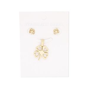 Pendant and earring, gold-finished stainless steel, 19.5x18mm 4-leaf clover pendant, 8x7mm 4-leaf clover with post. Sold per set.