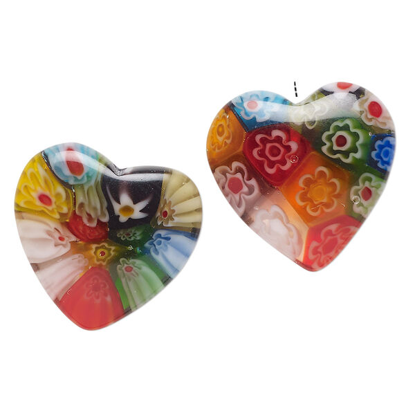 Bead, millefiori glass, translucent multicolored, 18-20mm half-drilled puffed heart with flower design. Sold per pkg of 2. image number 0