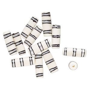 Bead, bone (dyed), white / black / silver, 25x9mm-24x7mm hand-painted tube with line design. Sold per pkg of 12.