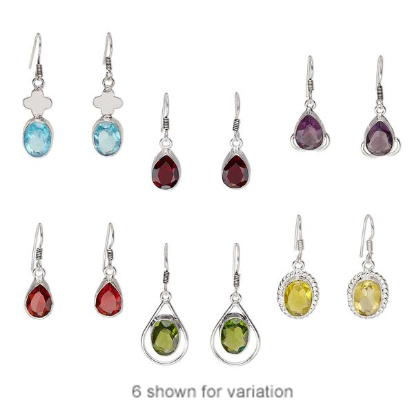 Earring mix, glass with silver- and antiqued silver-finished brass, mixed colors, 1-1/4 inch to 1-3/4 inch oval and teardrop with fishhook ear wire. Sold per pkg of 3 pairs. image number 0