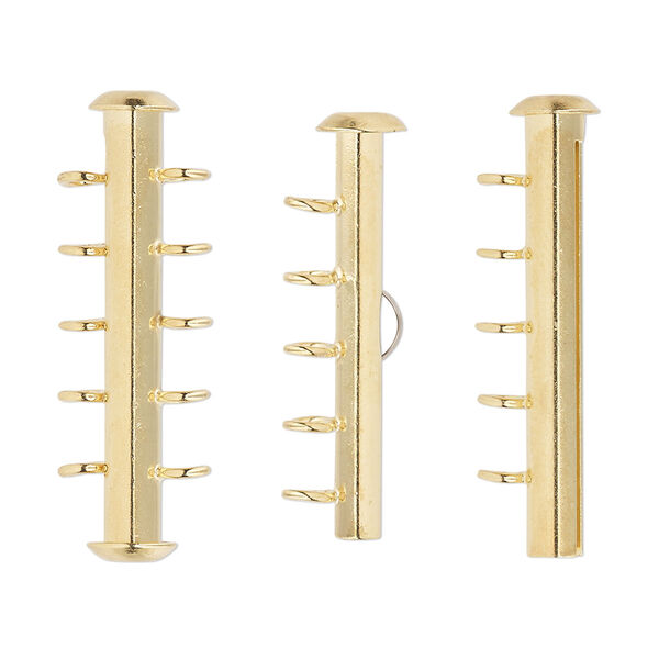 Clasp, 5-strand slide lock, gold-plated brass, 31x6mm round tube. Sold per pkg of 4. image number 0