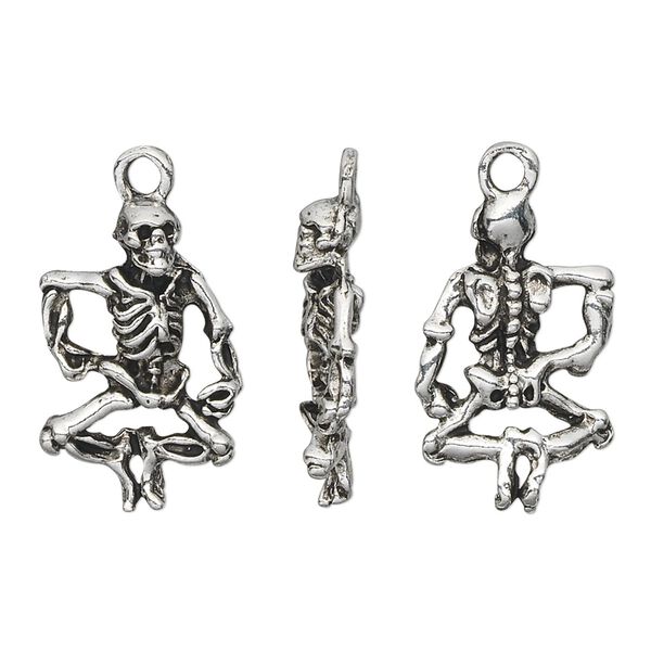 Charm, pewter (tin-based alloy), pkg/1, antique silver plate, 25x14mm 3D skeleton. image number 0