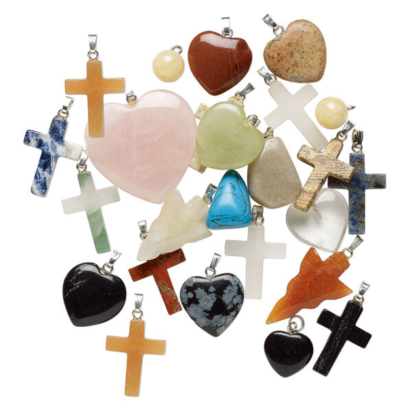 Multi-gemstone / glass / steel 1pkg25, silver finish mixed shape pendant mix 10mm-35x35mm image number 1