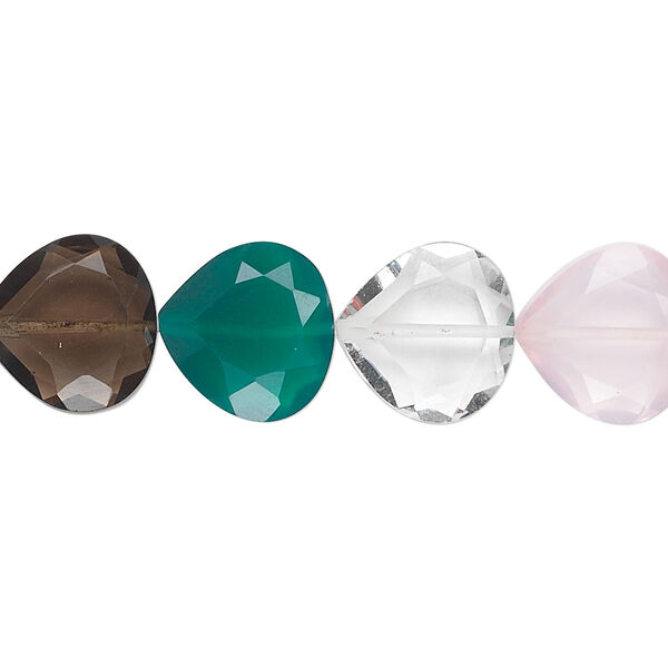 Bead, multi-quartz and green onyx (natural / heated / dyed / irradiated), 12x12mm hand-cut faceted teardrop, B grade, Mohs hardness 6-1/2 to 7. Sold per pkg of 10. image number 0