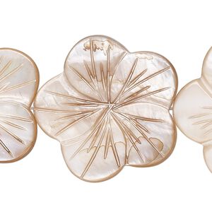 Bead, mother-of-pearl shell (dyed), tan, 30x29mm-31x30mm carved flat flower, 0.6-0.8mm hole, Mohs hardness 3-1/2. Sold per 15-inch strand.