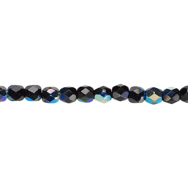 Bead, Czech fire-polished glass, opaque jet AB, 4mm faceted round. Sold per 15-1/2" to 16" strand. image number 0