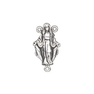 Connector, antiqued sterling silver, 20x13mm single-sided rosary with Mary. Sold individually.