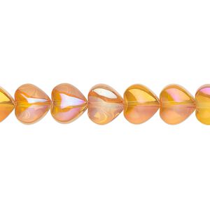 Bead, pressed glass, translucent orange AB, 8mm heart. Sold per 15-1/2" to 16" strand.