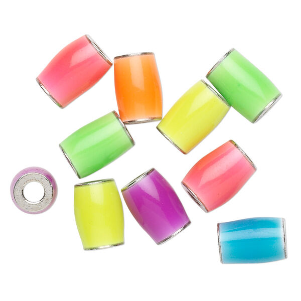 Bead mix, enamel and imitation rhodium plate brass, mixed glow-in-the-dark colors, 9x6mm-10x8mm round tube. Sold per pkg of 10. image number 0