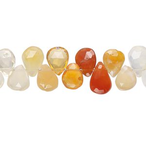 Fire opal 1pkg1, hand-cut top-drilled faceted puffed teardrop bead natural 8 inch 9x7mm-11x8mm