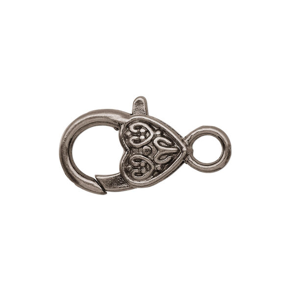 Clasp, lobster claw, gunmetal-plated "pewter" (zinc-based alloy), 19.5x12.5mm with double-sided fancy heart design. Sold per pkg of 8. image number 0