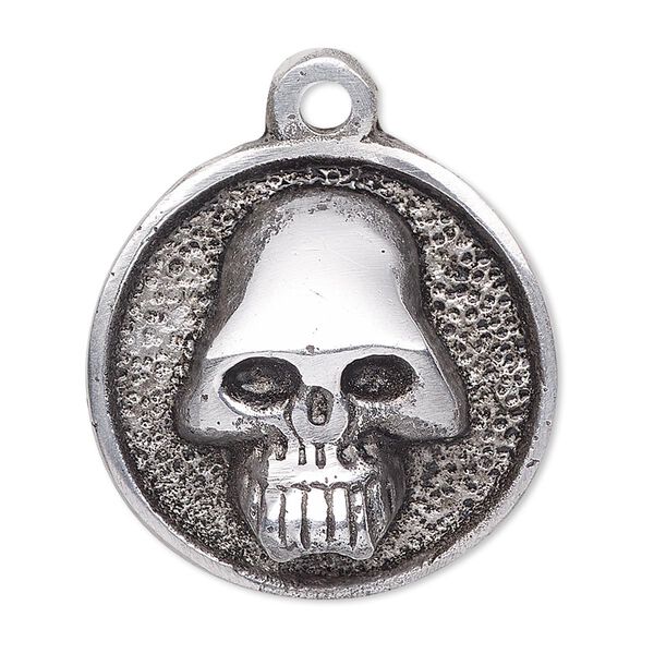 Focal, antiqued aluminum, 32mm round with skull. Sold per pkg of 4. image number 0