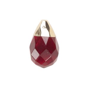 Drop, gold-finished brass and glass, dark red, 24x15mm faceted teardrop. Sold individually.