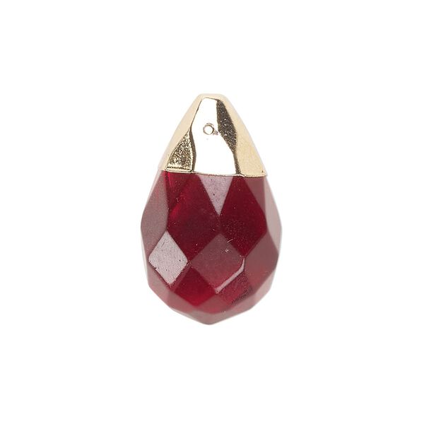Drop, gold-finished brass and glass, dark red, 24x15mm faceted teardrop. Sold individually. image number 0